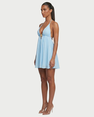 KINNA Backless Halter Flowy Mini Dress