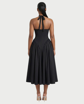 LORIA Halter Plunge Flared Midi Dress