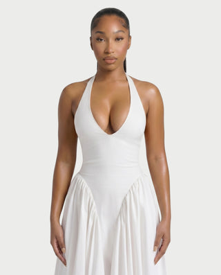 LORIA Halter Plunge Flared Midi Dress