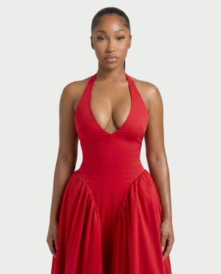 LORIA Halter Plunge Flared Midi Dress