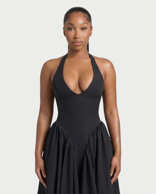 LORIA Halter Plunge Flared Midi Dress