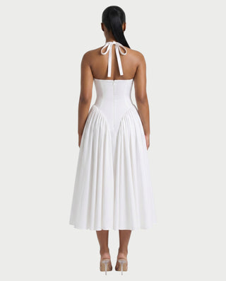 LORIA Halter Plunge Flared Midi Dress