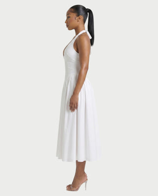 LORIA Halter Plunge Flared Midi Dress