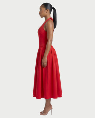 LORIA Halter Plunge Flared Midi Dress