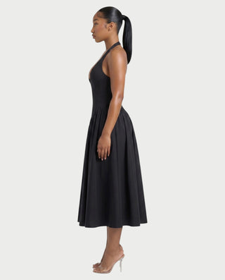LORIA Halter Plunge Flared Midi Dress