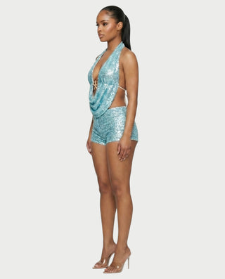 WINNA Sequin Starfish Draped Top & Shorts Set