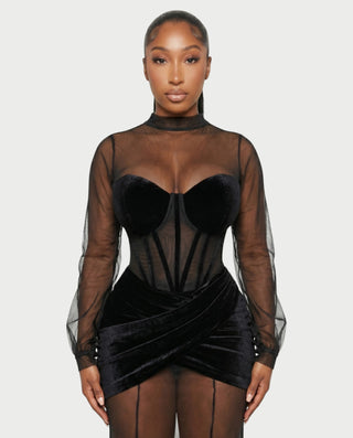 AMINA Mesh Corset Ruched Maxi Dress
