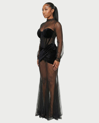 AMINA Mesh Corset Ruched Maxi Dress