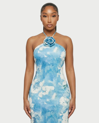 SHANE 3D Floral Applique Halter Maxi Dress