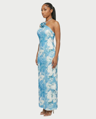 SHANE 3D Floral Applique Halter Maxi Dress