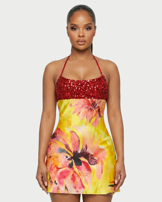 MAYANA Sequin Floral Halter Mini Dress