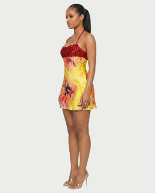 MAYANA Sequin Floral Halter Mini Dress