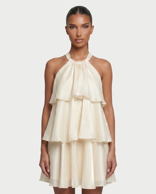 TAYE Tiered Ruffle Halter Mini Dress
