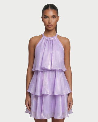 TAYE Tiered Ruffle Halter Mini Dress