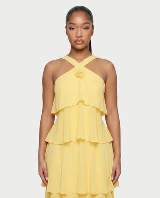 FAMY Rosette Cross-Halter Tiered Maxi Dress