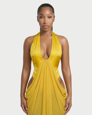 FIELLE Plunge Cutout Draped Maxi Dress