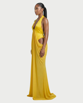 FIELLE Plunge Cutout Draped Maxi Dress
