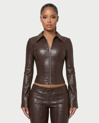 LONYA Faux Leather Jacket & Lace-Up Capri Pants Set