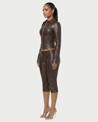LONYA Faux Leather Jacket & Lace-Up Capri Pants Set