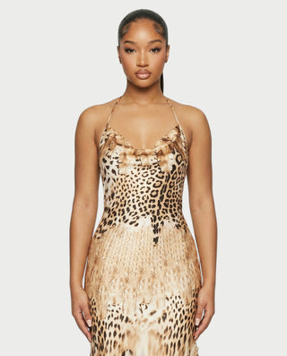 JHONA Leopard Halter Ruffle Hem Maxi Dress