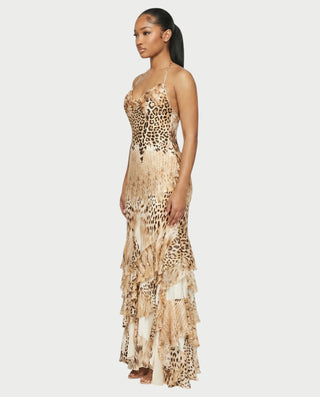 JHONA Leopard Halter Ruffle Hem Maxi Dress
