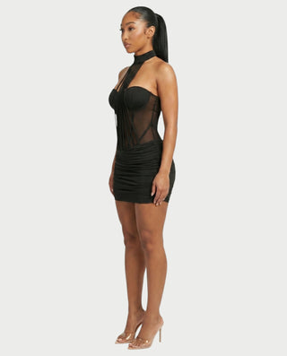 HANYA Strap Mesh Panel Ruched Mini Dress
