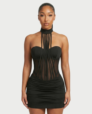 HANYA Strap Mesh Panel Ruched Mini Dress