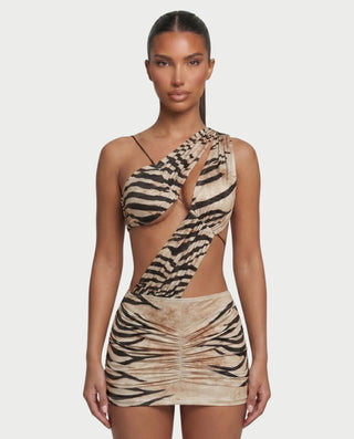 ELNA Zebra One Shoulder Ruched Mini Dress