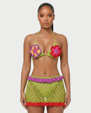 SOLENA Crochet Floral Bra Top & Mini Skirt Set