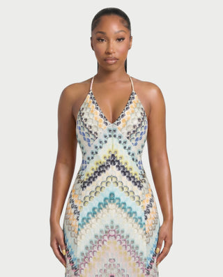 LANEY Chevron Crochet Cross-Back Maxi Dress