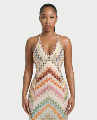 LANEY Chevron Crochet Cross-Back Maxi Dress