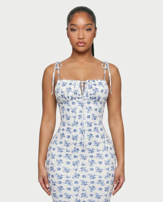 MOLLY Ruched Bust Tie-Strap Maxi Dress