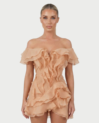 CARIMA Off-Shoulder Layered Ruffle Mini Dress