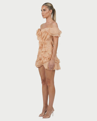 CARIMA Off-Shoulder Layered Ruffle Mini Dress