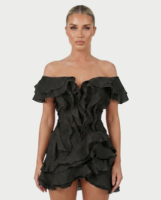 CARIMA Off-Shoulder Layered Ruffle Mini Dress