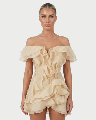 CARIMA Off-Shoulder Layered Ruffle Mini Dress