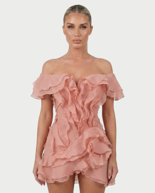 CARIMA Off-Shoulder Layered Ruffle Mini Dress