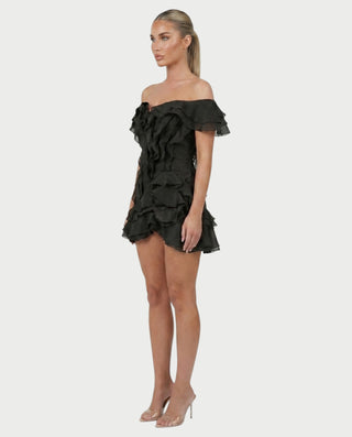 CARIMA Off-Shoulder Layered Ruffle Mini Dress