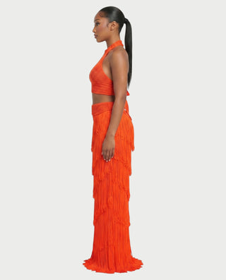 EVANIA Crochet Fringe Halter Top & Maxi Skirt Set