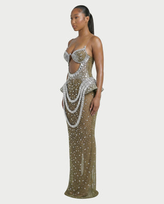 VREYS Crystal Studded Sheer Maxi Dress