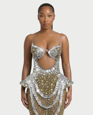 VREYS Crystal Studded Sheer Maxi Dress