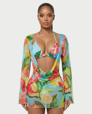YIRANA Bikini & Mesh Long Sleeve Cover-Up Three-Piece Set