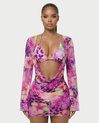 YIRANA Bikini & Mesh Long Sleeve Cover-Up Three-Piece Set