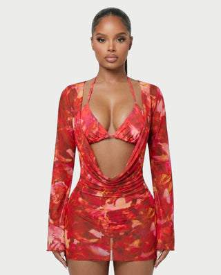 YIRANA Bikini & Mesh Long Sleeve Cover-Up Three-Piece Set
