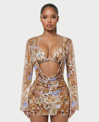 YIRANA Bikini & Mesh Long Sleeve Cover-Up Three-Piece Set
