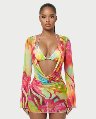 YIRANA Bikini & Mesh Long Sleeve Cover-Up Three-Piece Set