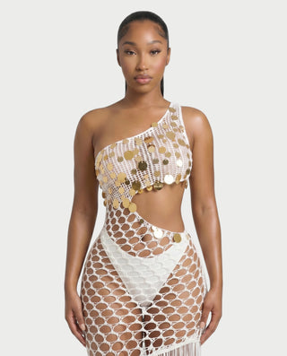 RORY Sequin Crochet Fringe Swim Cover-Up Dress
