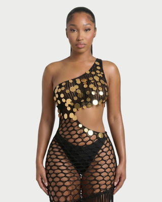 RORY Sequin Crochet Fringe Swim Cover-Up Dress