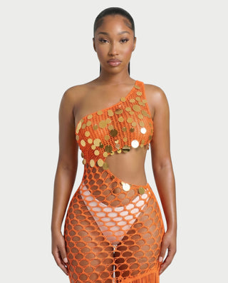 RORY Sequin Crochet Fringe Swim Cover-Up Dress