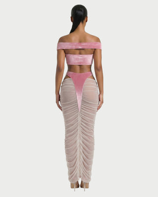 MURE Velvet Off-Shoulder Top & Mesh Skirt Set